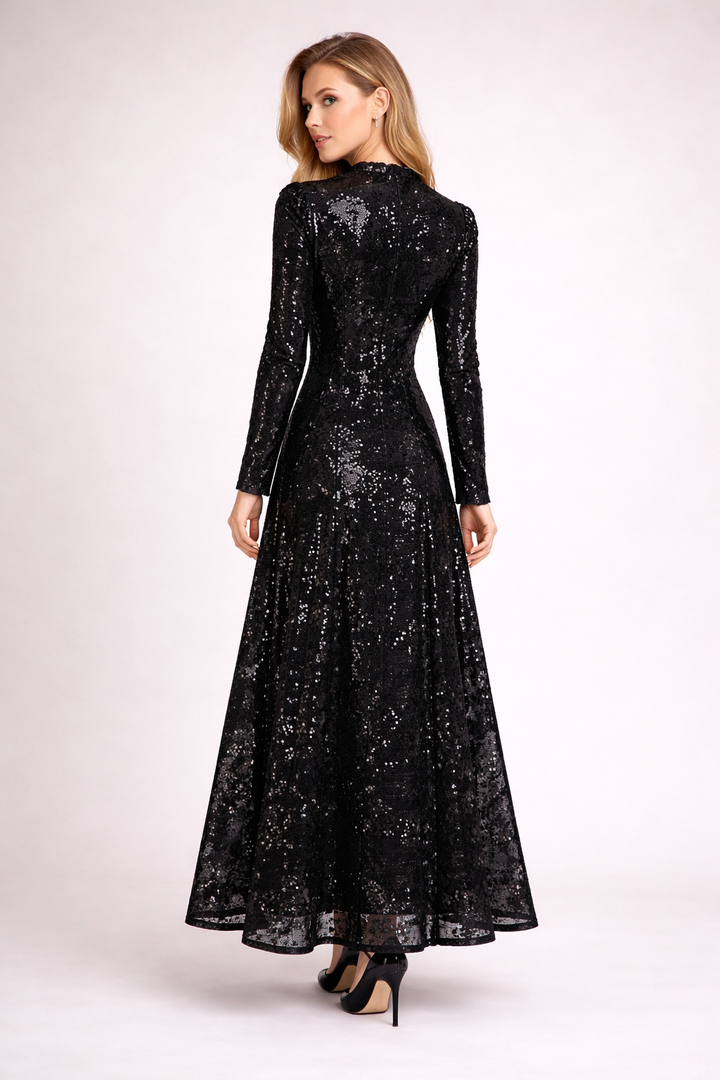 long sleeve embellished lace midi dress with high neck – CHAMPAGNE