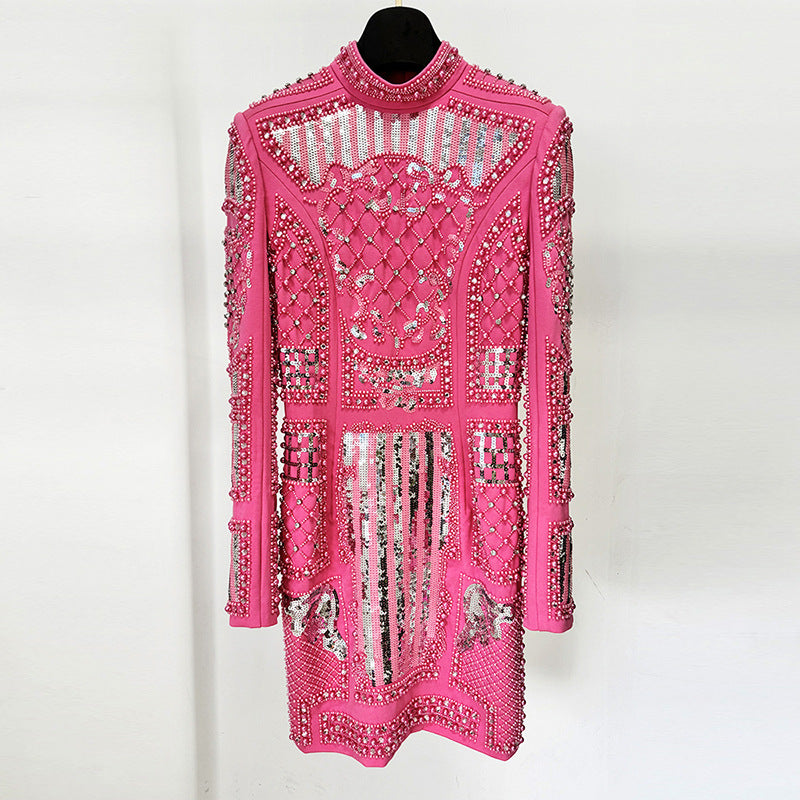 long sleeve embellished mini dress with high neck detail – EMPRESS