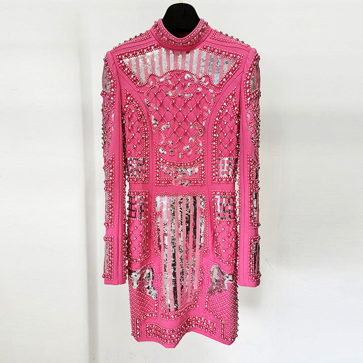 long sleeve embellished mini dress with high neck detail – EMPRESS