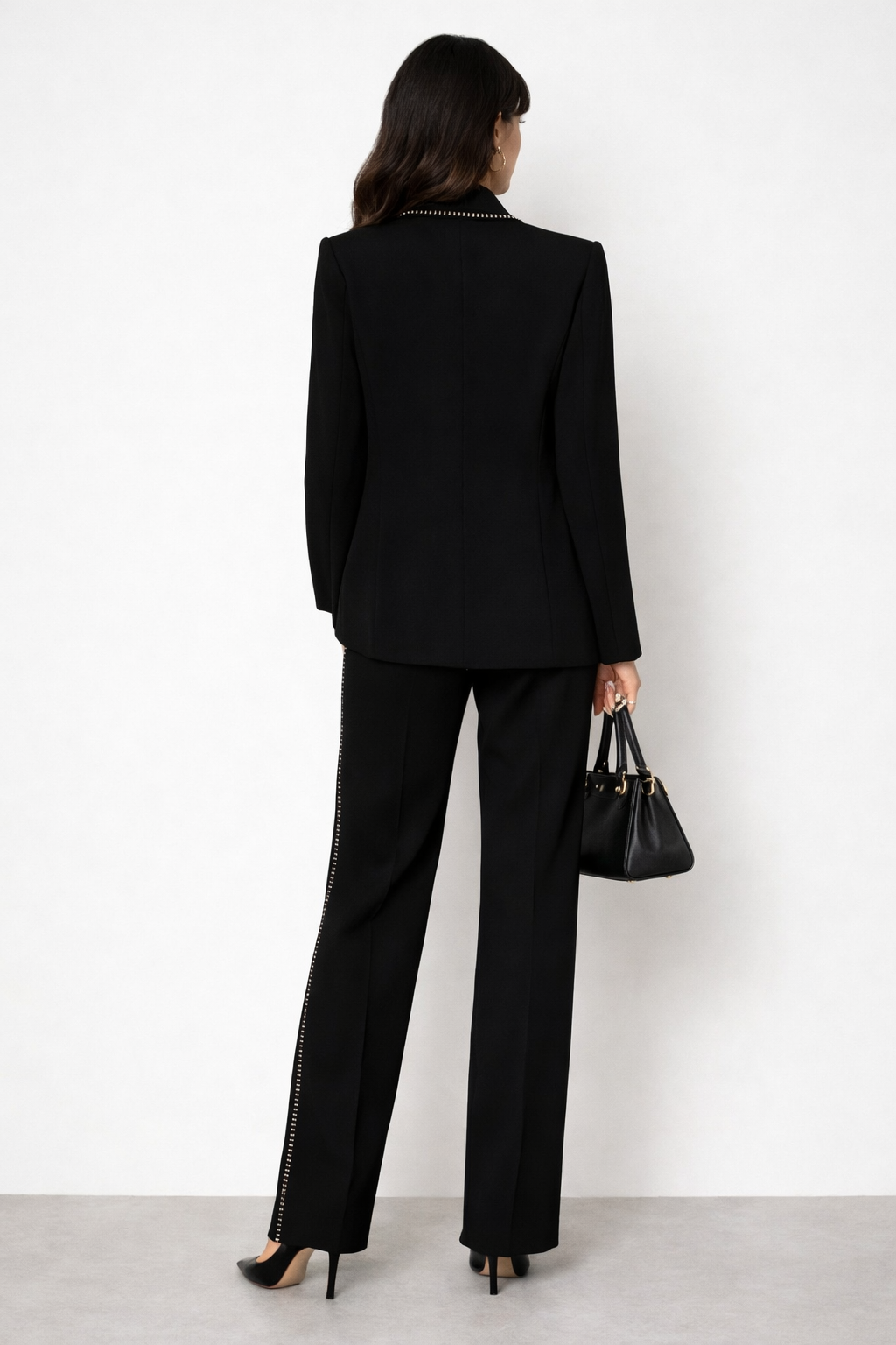 tailored blazer and flared pants set with stud trim detail – MIDNIGHT