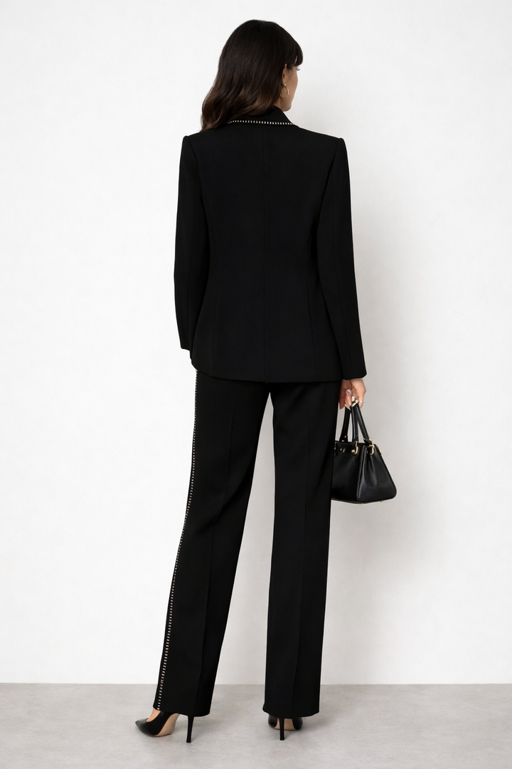 tailored blazer and flared pants set with stud trim detail – MIDNIGHT