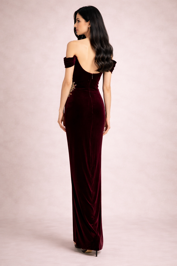 off-shoulder velvet column dress with draped bodice – EZAT