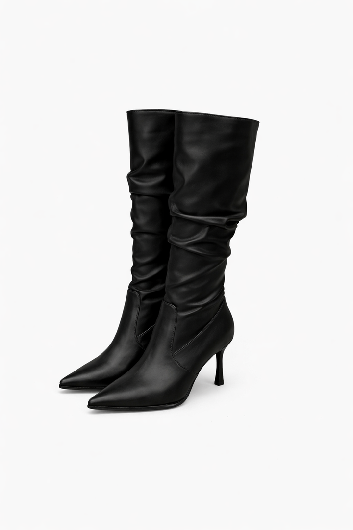 pointed toe slouchy knee-high boots with stiletto heel – SAND