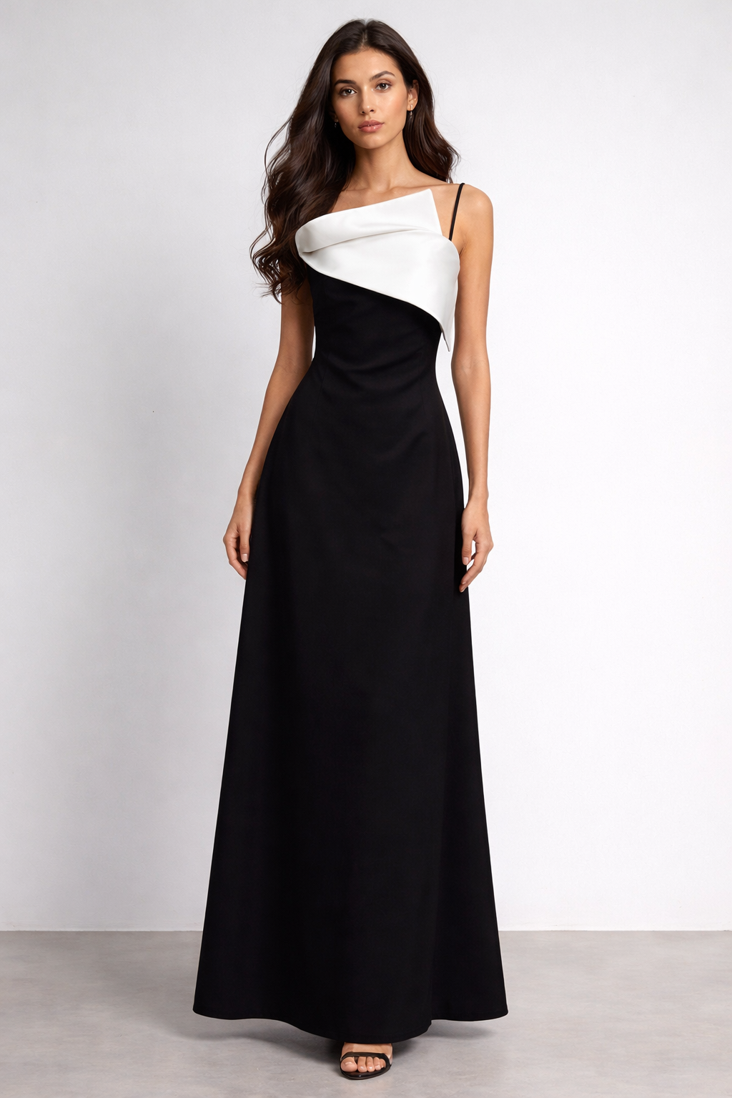 Name: one-shoulder satin midi dress with contrast fold detail – NOIRIA