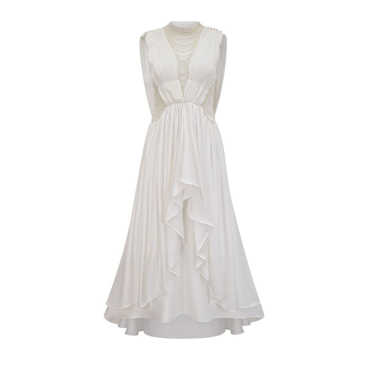 sleeveless draped evening dress with embellished neckline – NOIR