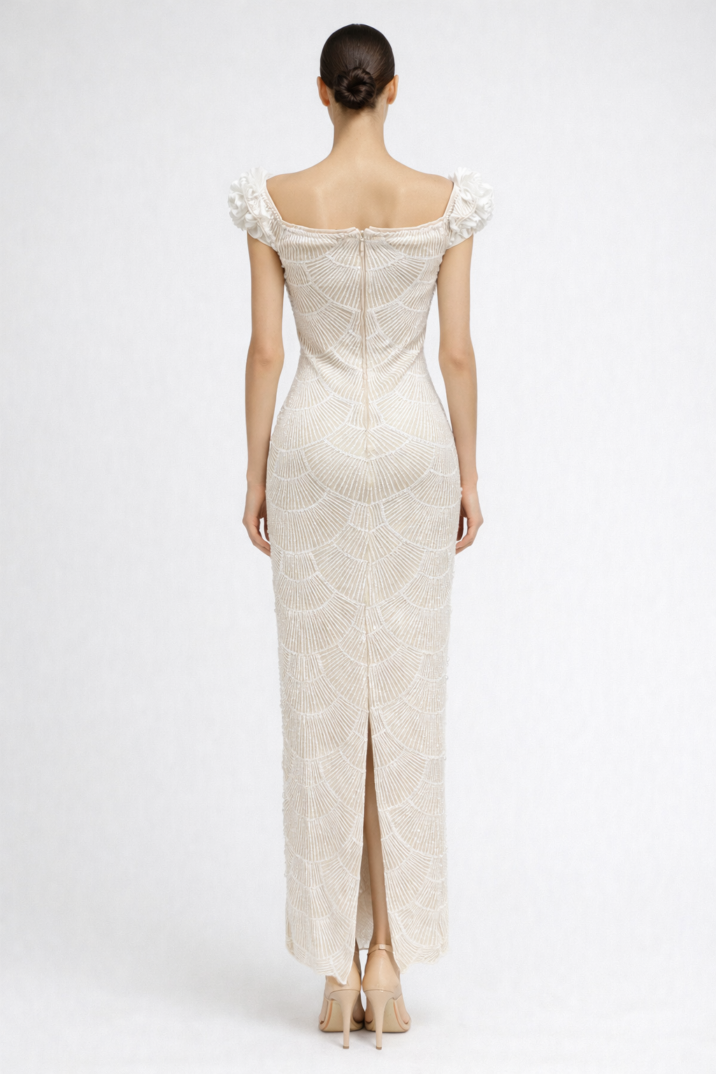 off-shoulder fitted maxi dress with pearl scallop embellishments and floral neckline – IVORY