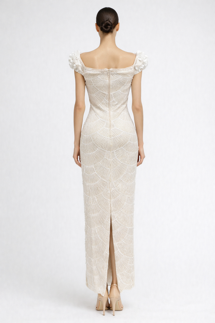 off-shoulder fitted maxi dress with pearl scallop embellishments and floral neckline – IVORY