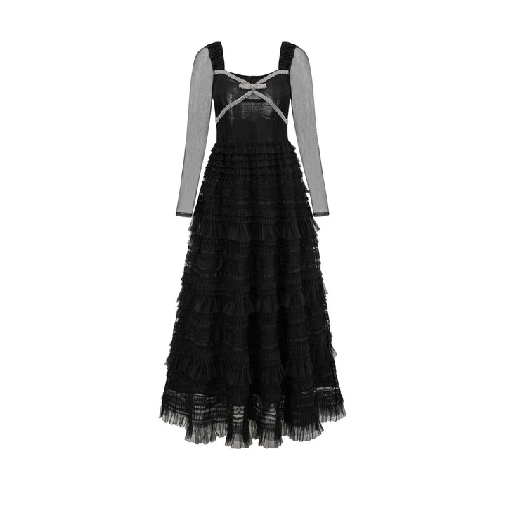 long-sleeve lace and tulle maxi dress with ribbon detail – BELLE