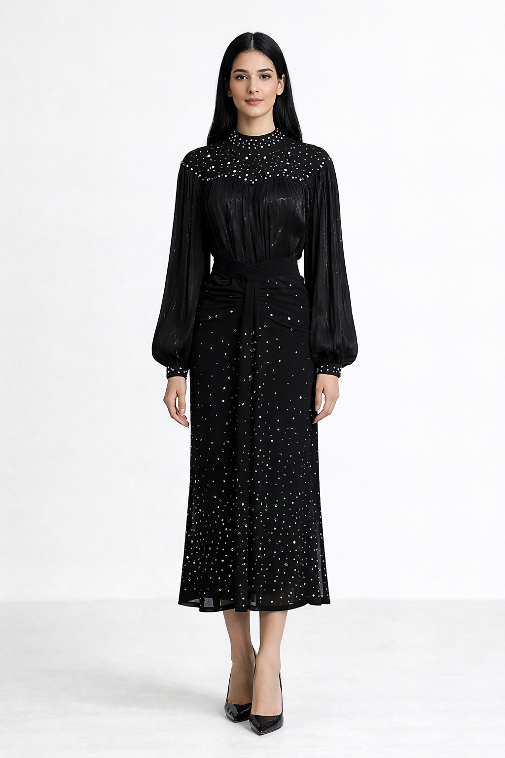 long sleeve midi dress with sheer embellished bodice and draped waist – SIENNA