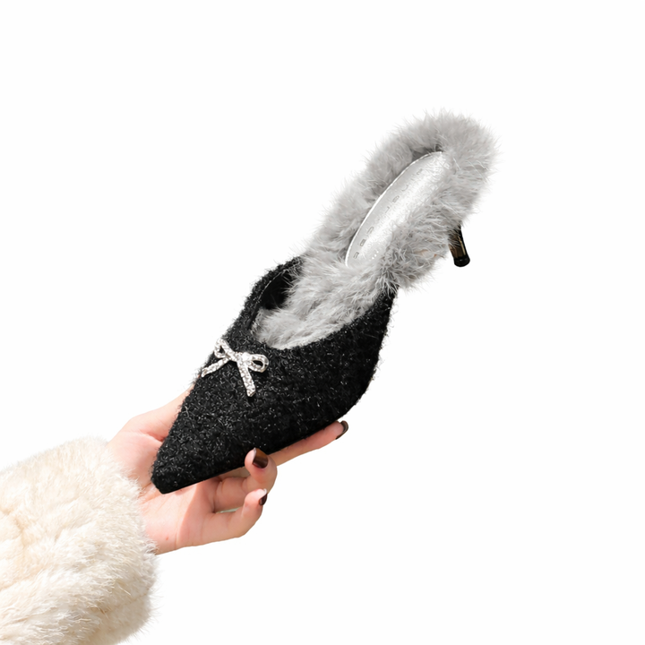 pointed toe textured mule with fur trim and crystal bow – VIOLET