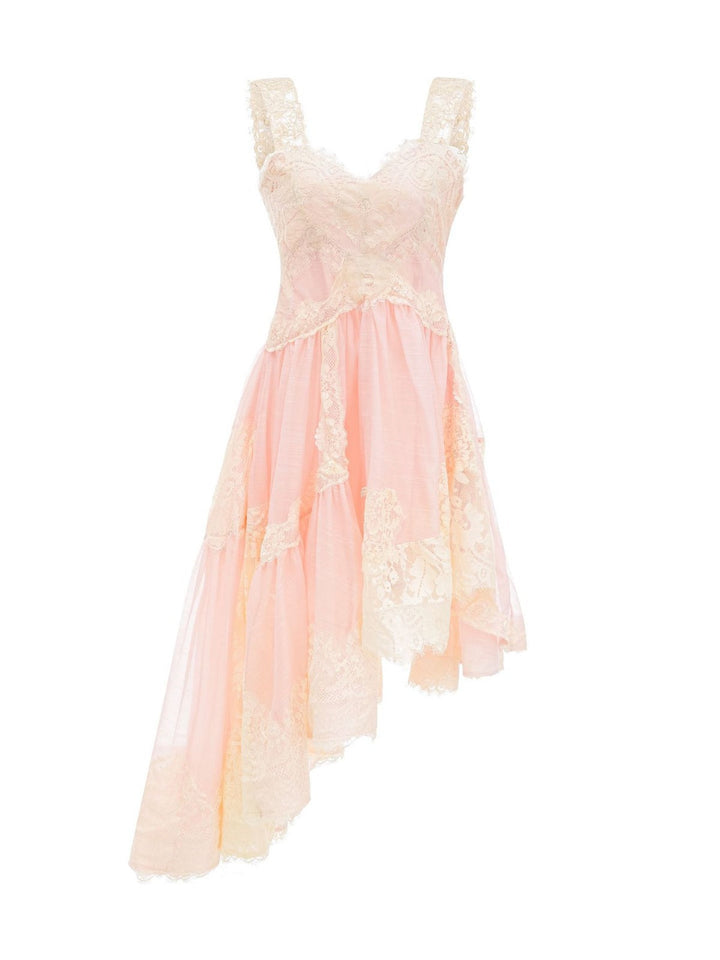 lace overlay asymmetrical midi dress with floral chiffon layers – IVORY