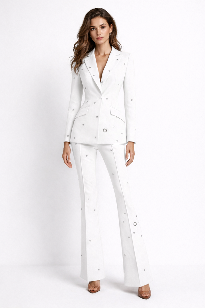 tailored blazer and flared pants set with metallic eyelet details – SCARLET