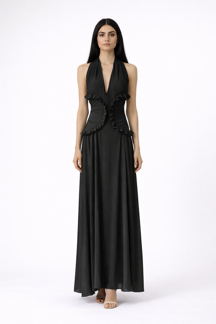 halter neck maxi dress with ruched ruffle waist – SOLARA