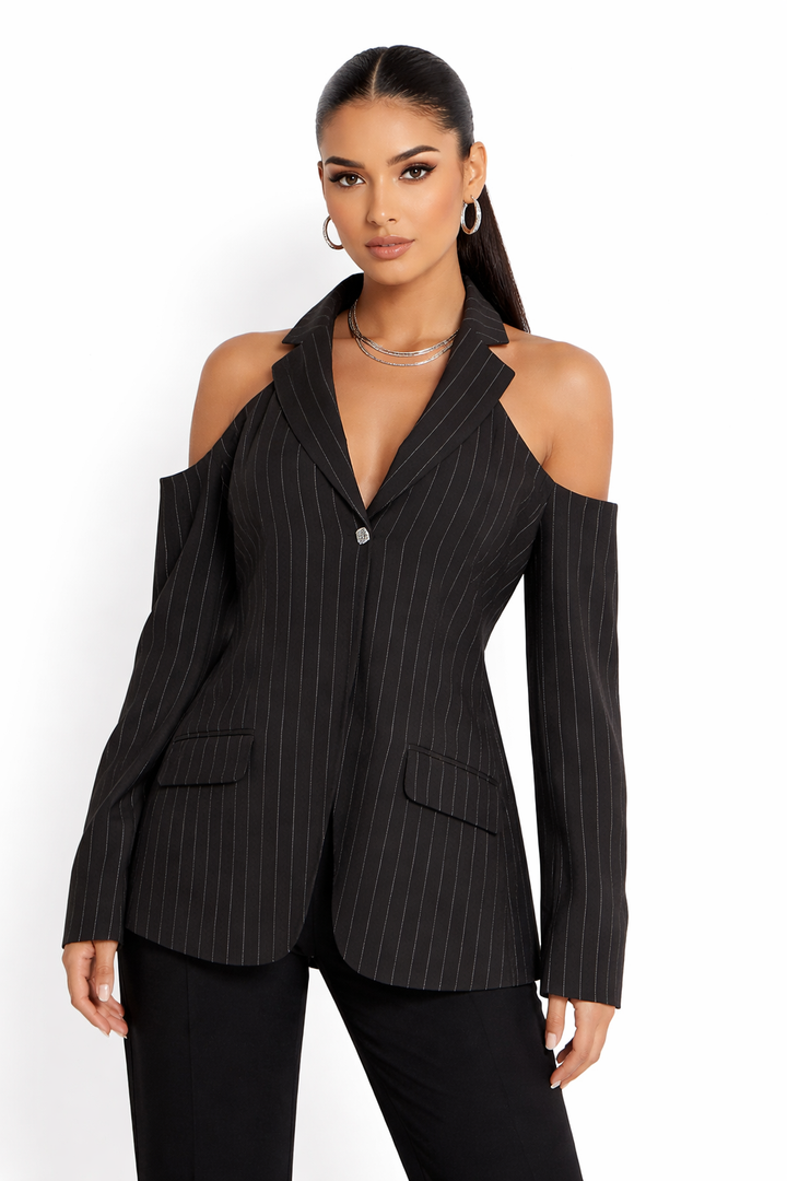 pinstripe cut-out shoulder blazer – VICTORIA