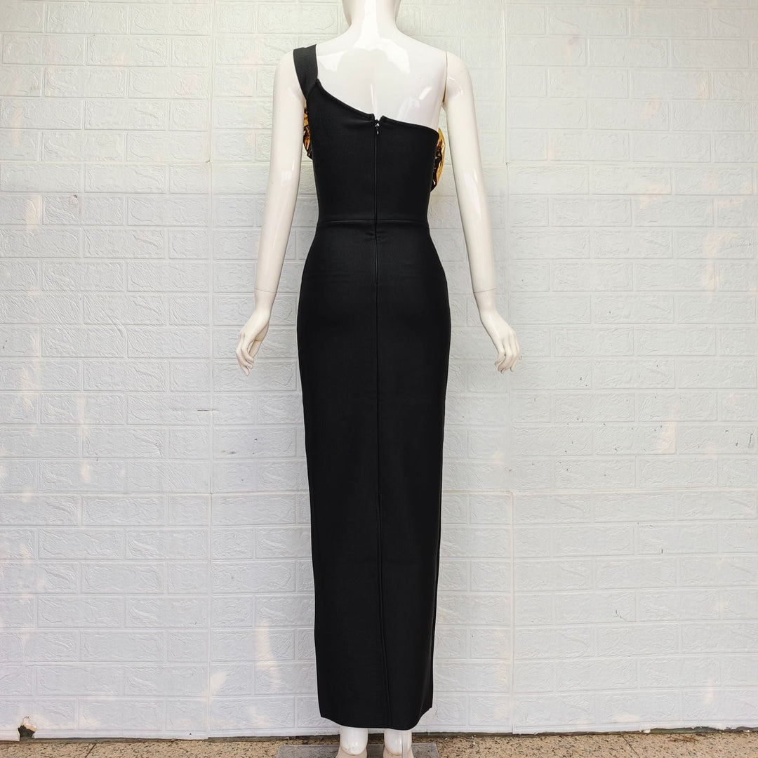 one-shoulder column dress with metallic ruffle neckline – AURELIA