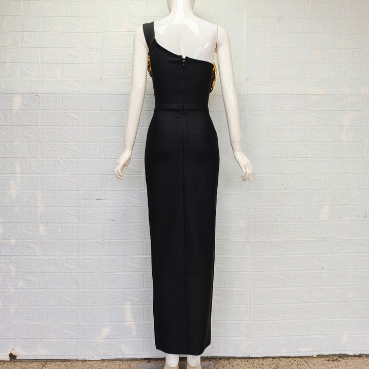 one-shoulder column dress with metallic ruffle neckline – AURELIA