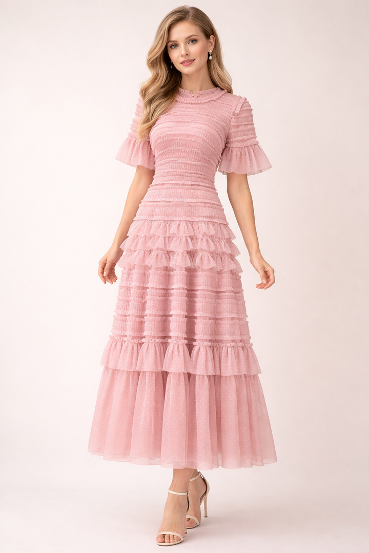 ruffled mesh midi dress with smocked bodice – ROSE