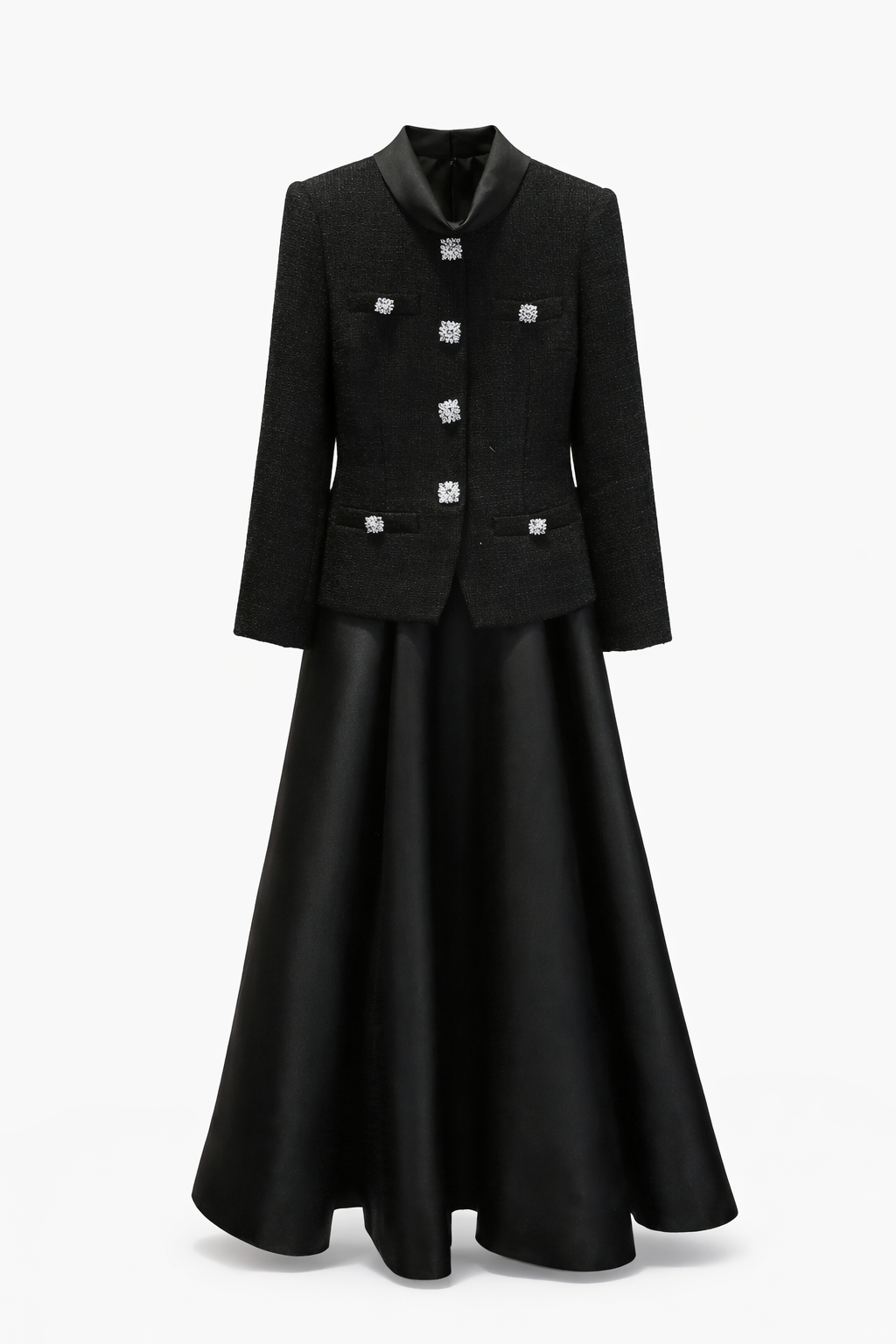 structured blazer-style maxi dress with flared satin skirt – ELEGANCE