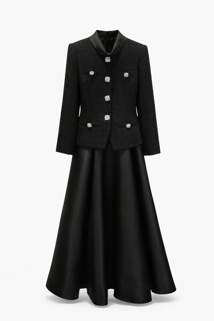 structured blazer-style maxi dress with flared satin skirt – ELEGANCE