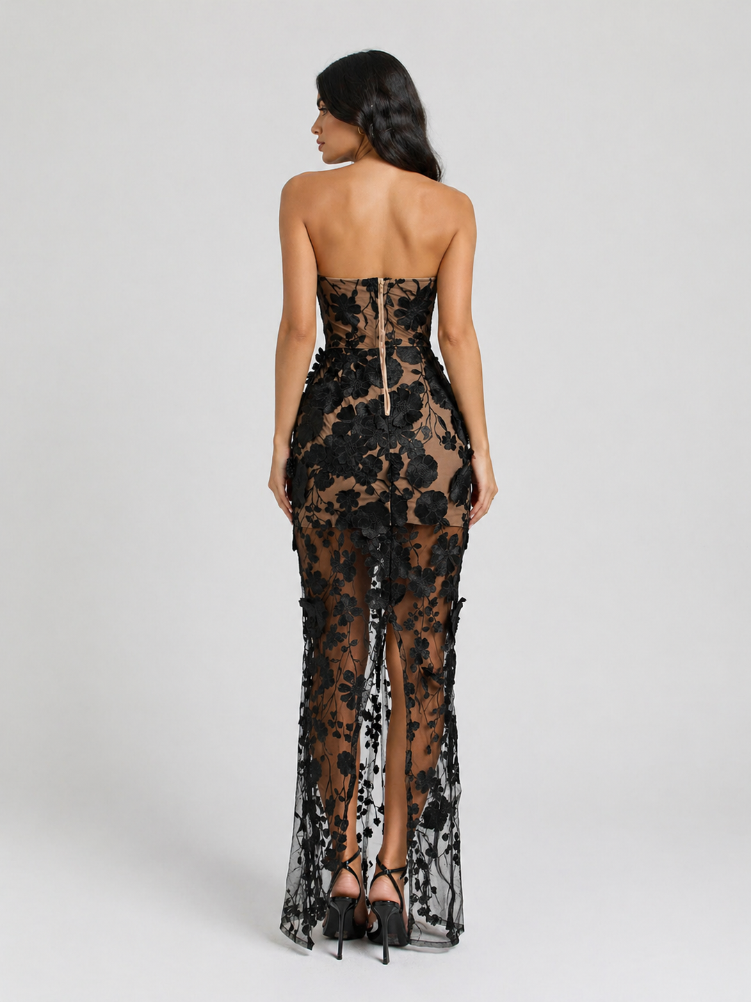 Sheer Floral Lace Strapless Maxi Dress - FIORELLA