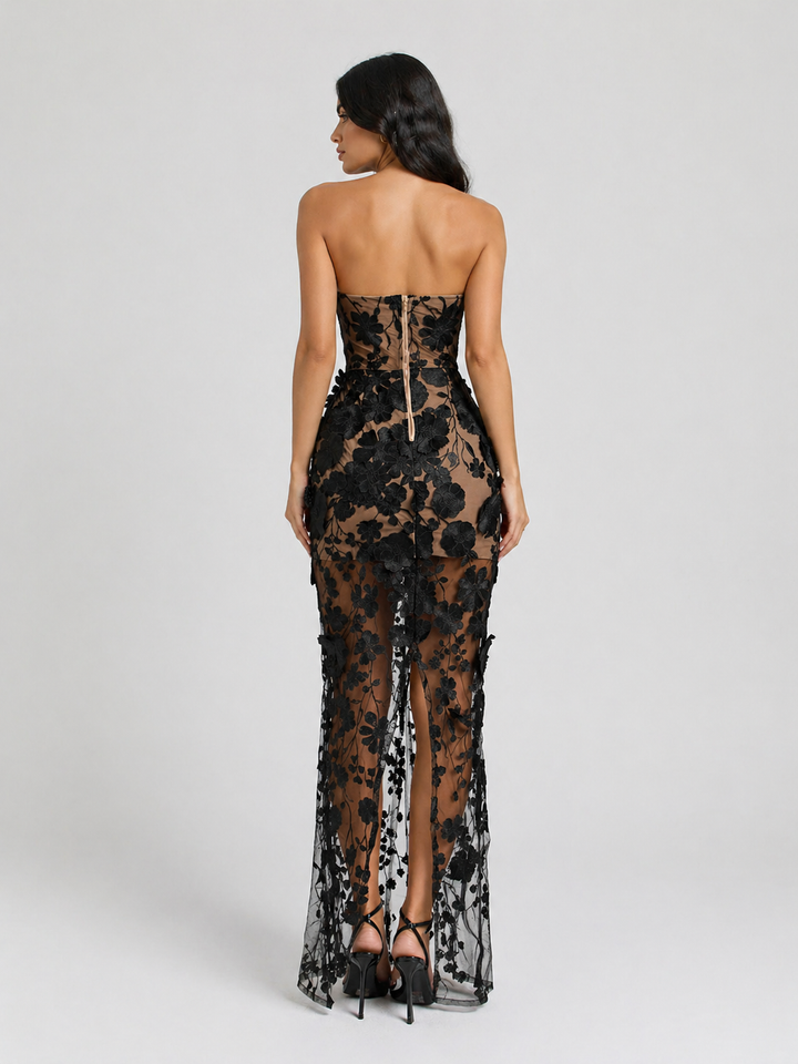 Sheer Floral Lace Strapless Maxi Dress - FIORELLA
