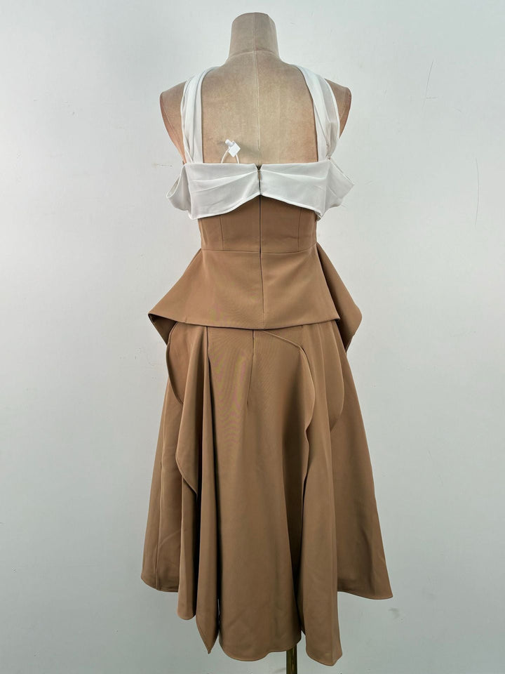 strapless draped midi dress with contrast chiffon neckline – DESERT