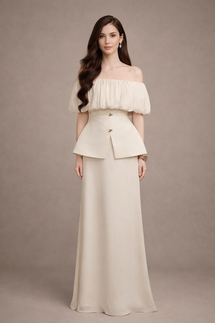 strapless peplum dress with ruched off-shoulder overlay – AURELIA
