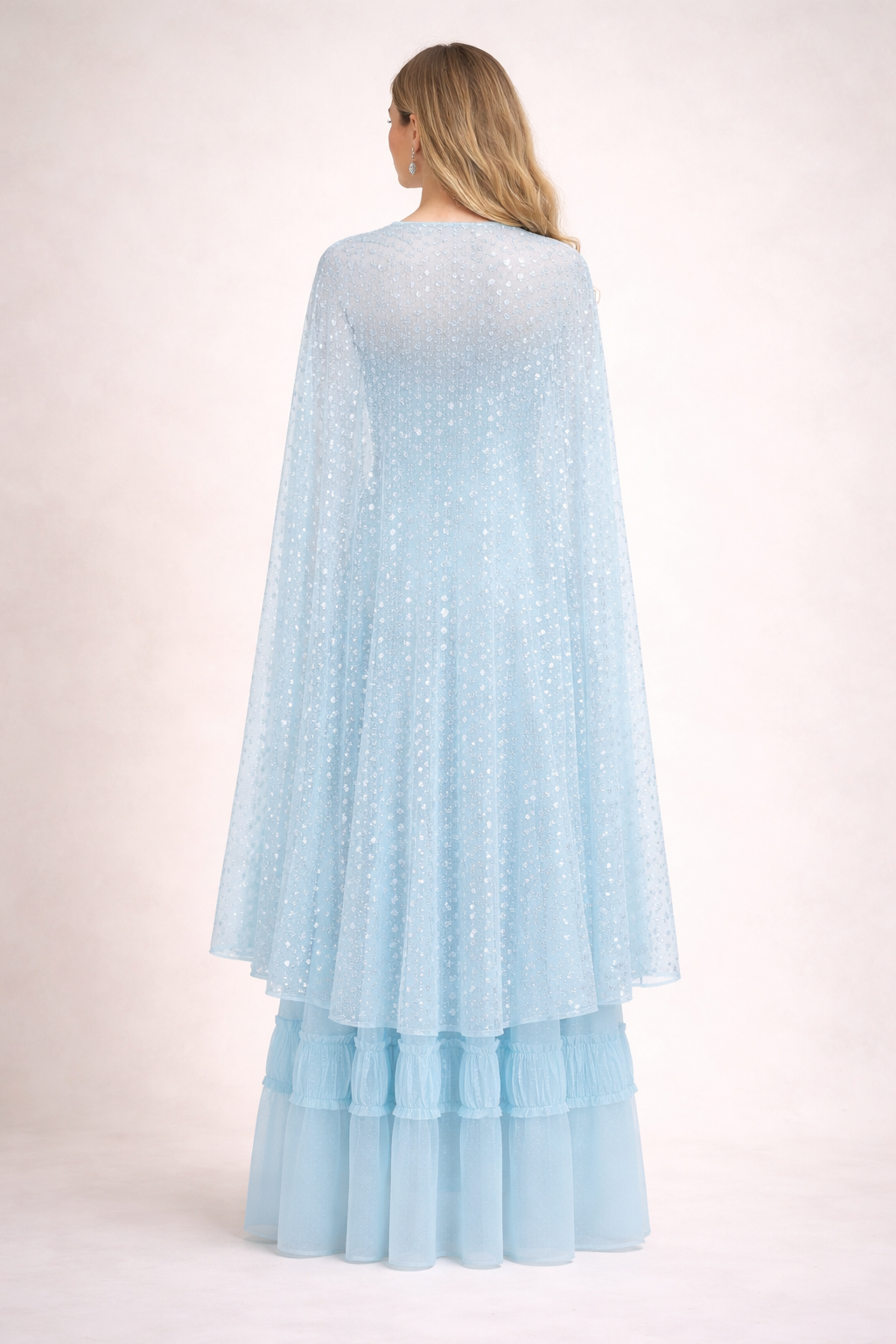 layered tulle maxi dress with sheer cape overlay – AZURE