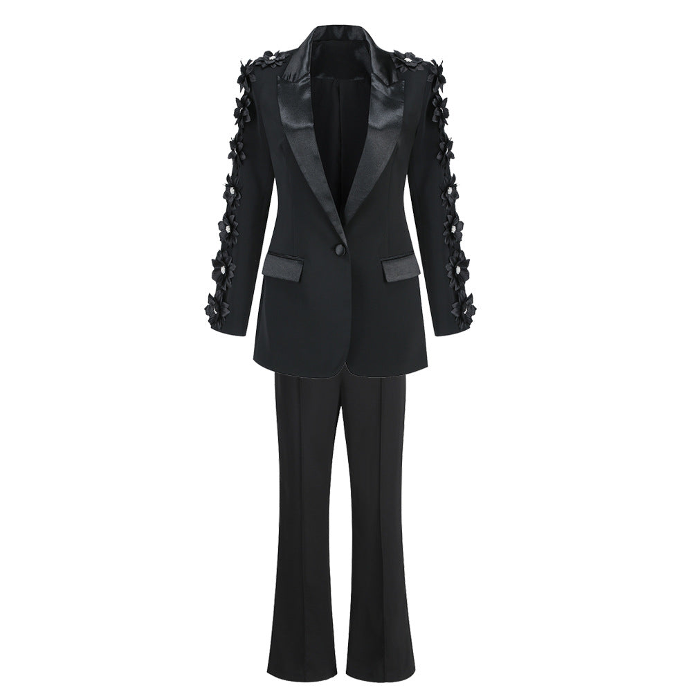 tailored blazer with floral sleeve detailing and flared pants set – NOIR