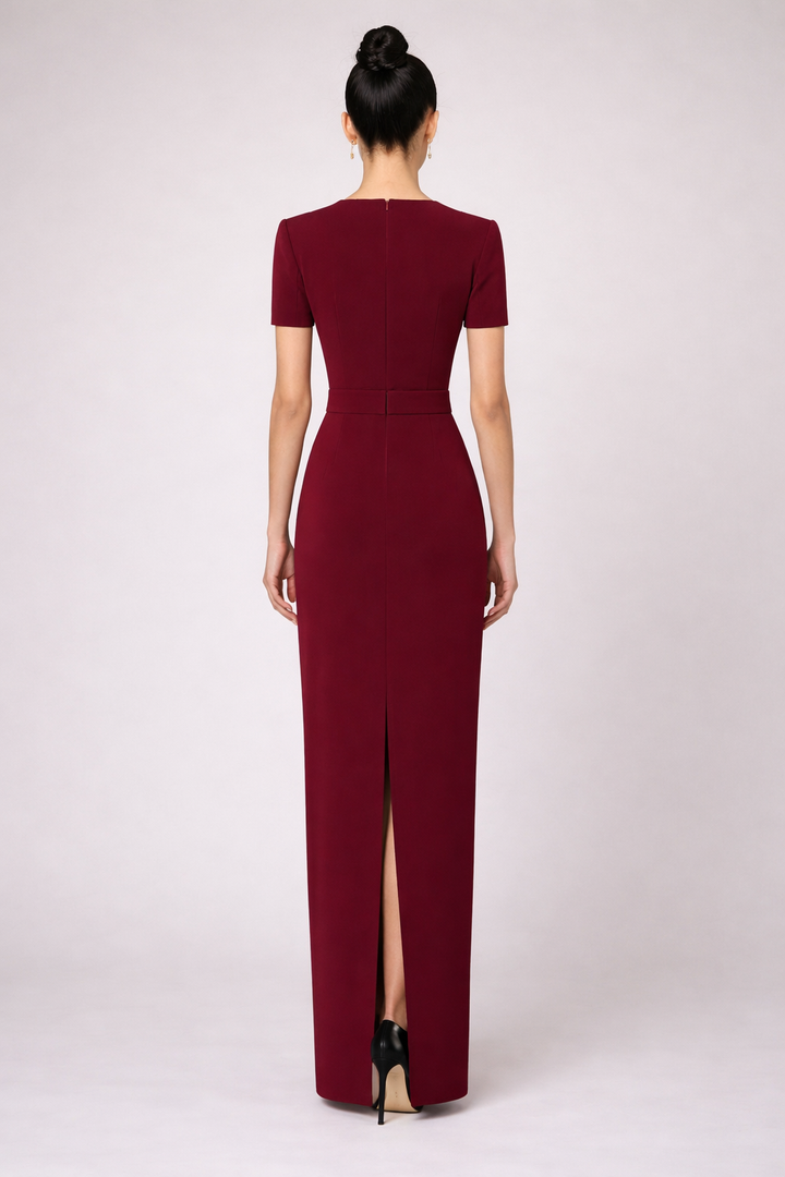 square neckline column dress with embellished shoulders – CRIMSON