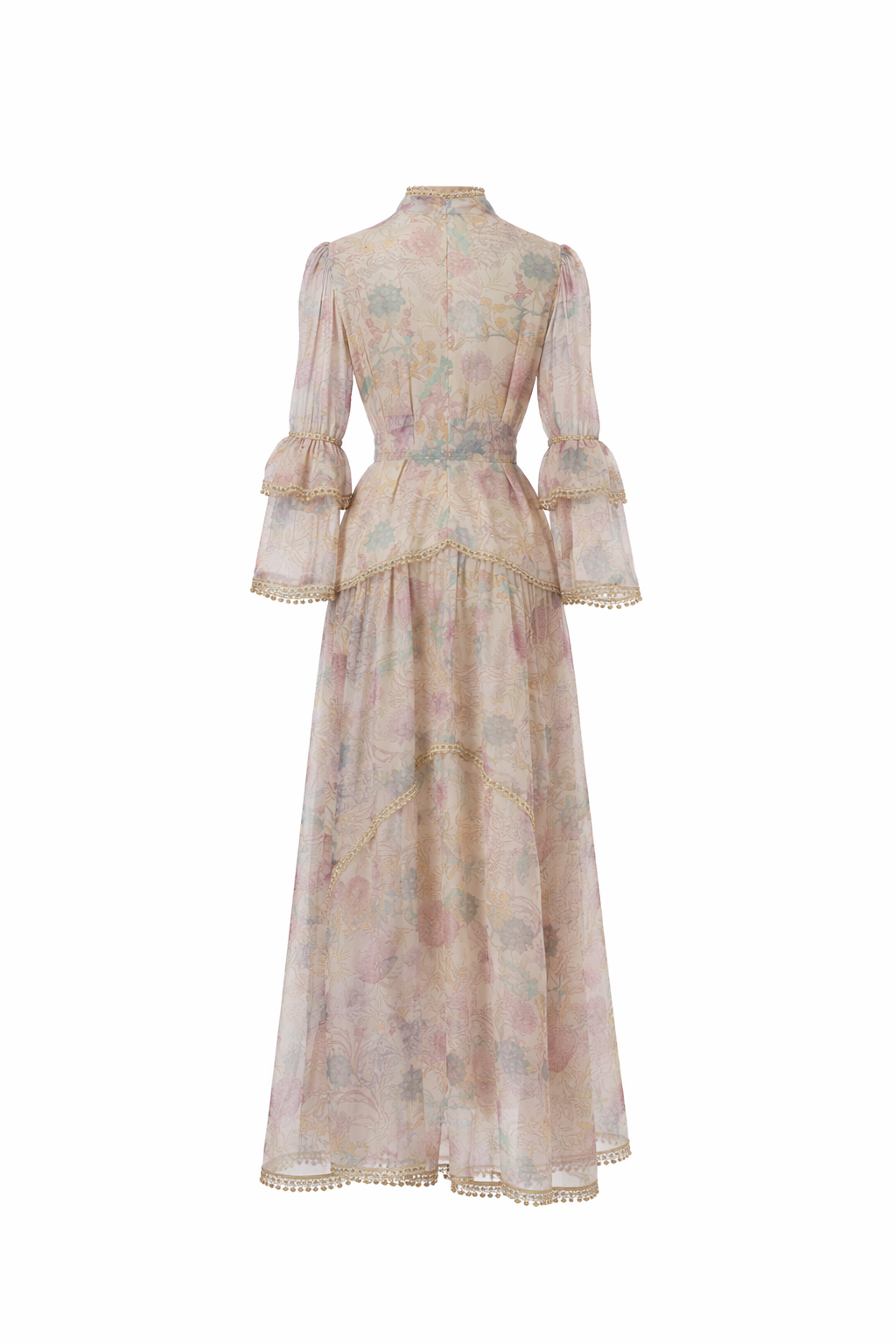long sleeve vintage floral dress with lace panels and belted waist – AMELIA