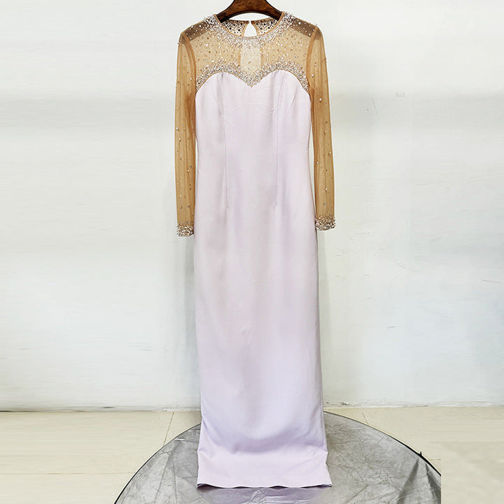 long sleeve column dress with embellished illusion neckline – CELESTE
