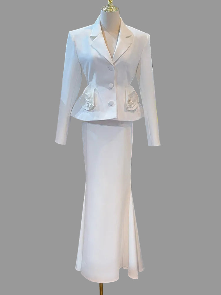 fitted blazer with floral waist detail and midi skirt set – PEARL