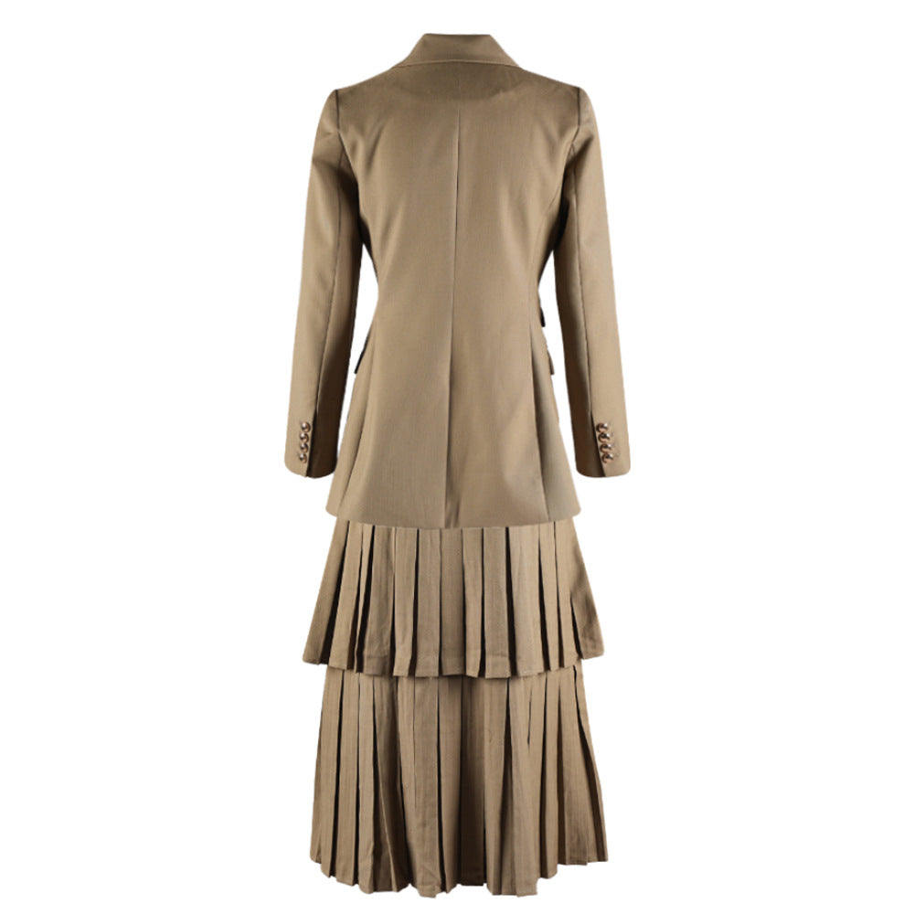 double-breasted blazer with layered pleated skirt set – OLIVE
