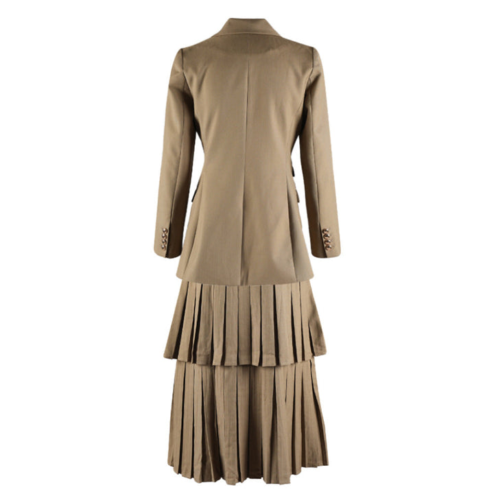 double-breasted blazer with layered pleated skirt set – OLIVE