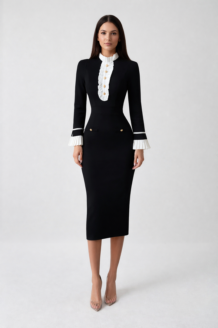 long sleeve midi dress with ruffle high neck detail – MONO