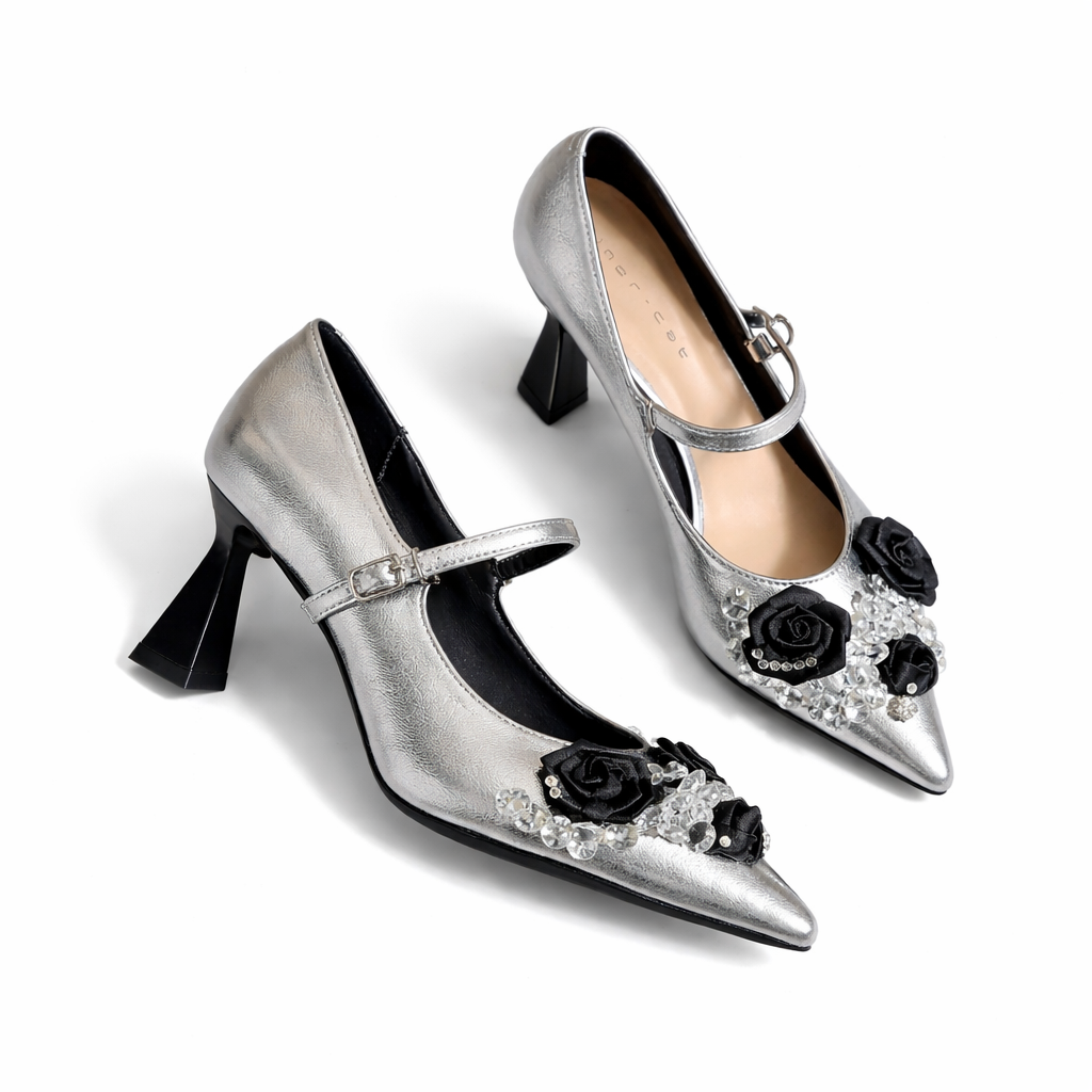 pointed toe metallic mary jane heels with floral crystal embellishment – LUMINA