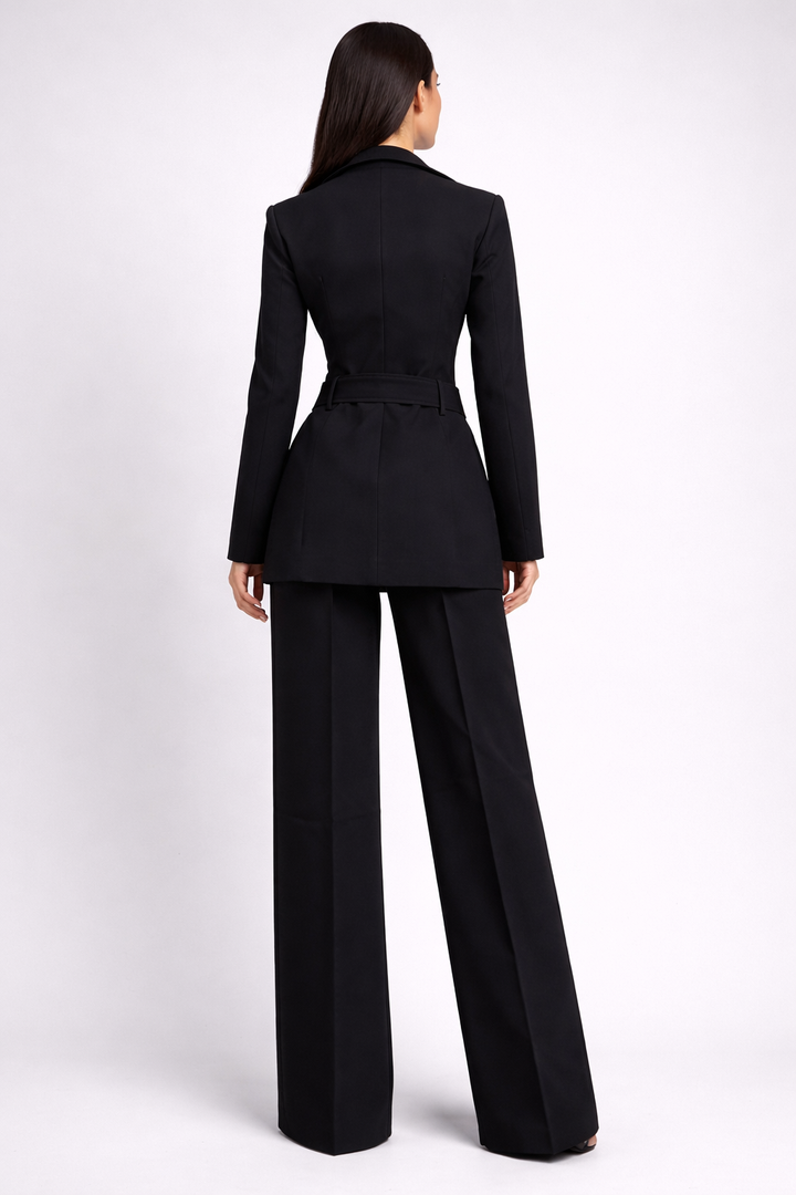structured blazer set with wide-leg pants and metallic brooch – EDGE