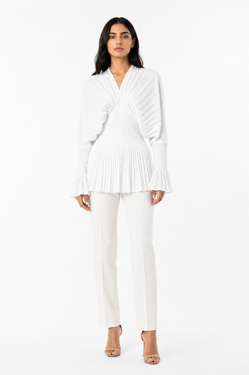 Pleated Waist V-Neck Long Sleeve Blouse – AZUREA