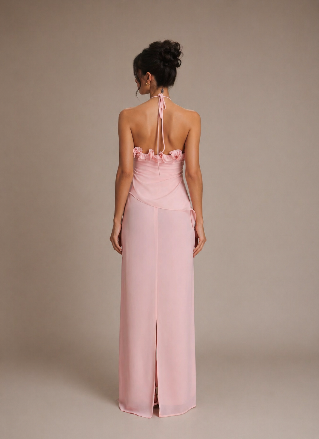 Blush Pink Halter Maxi Dress with Floral Details - ROSELLE
