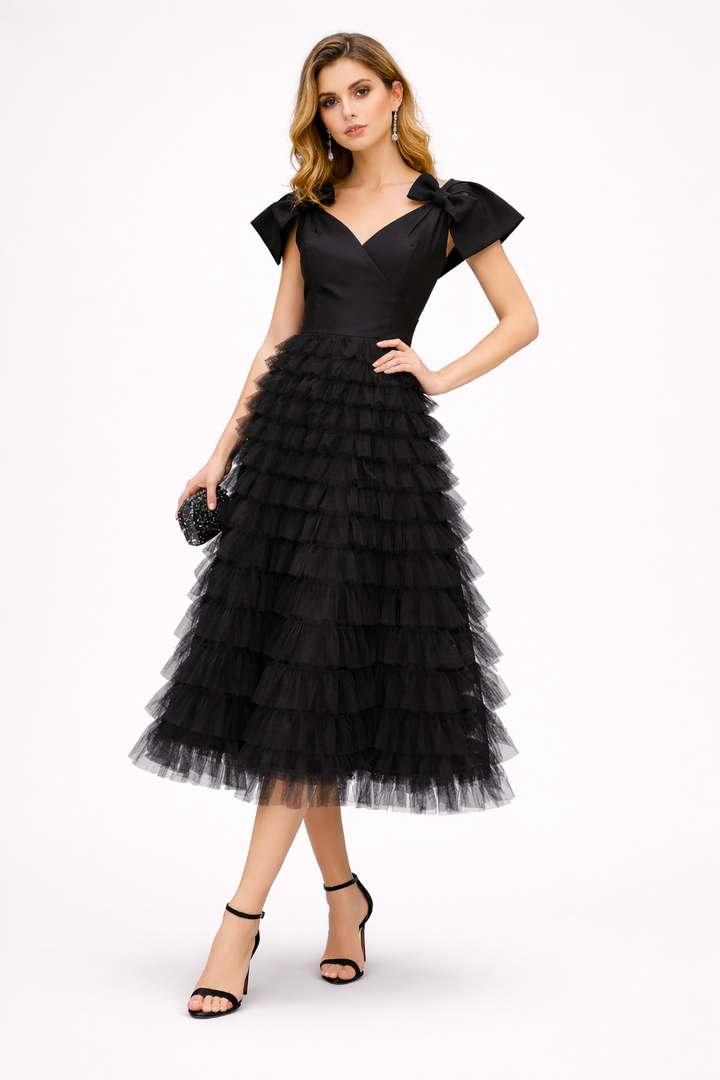 off-shoulder tulle midi dress with layered ruffles and bow straps – NOIRS