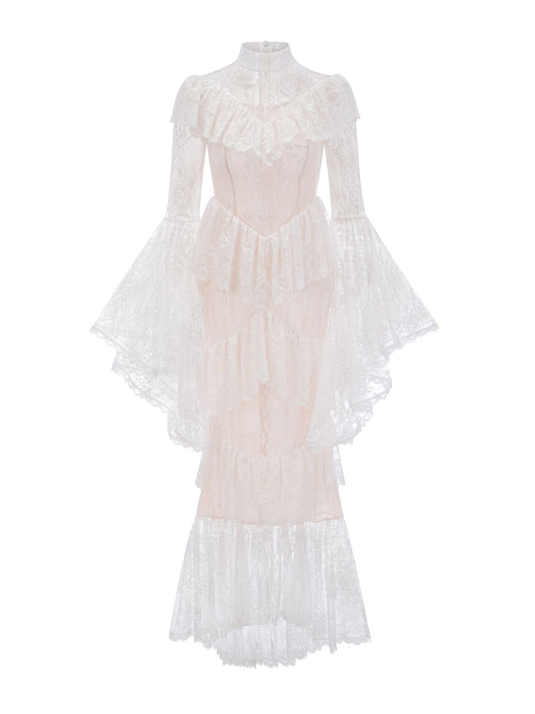 high neck lace ruffle dress with sheer panels – NOIR