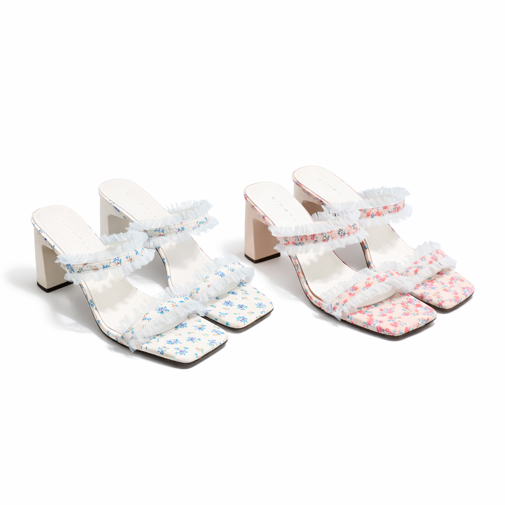 floral printed heeled sandal with ruffle trim – BLOSSOM