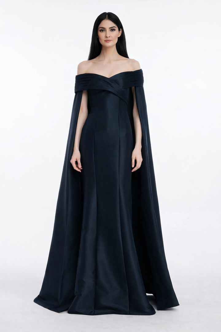 off-shoulder column dress with maxi cape – NOIR