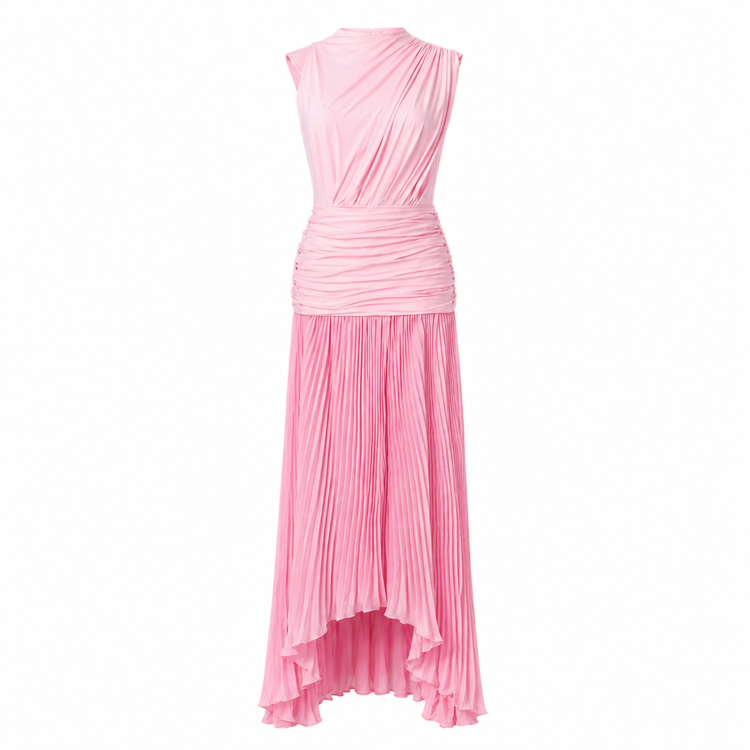 Blush Pink Pleated Asymmetric Maxi Dress - LUMINA