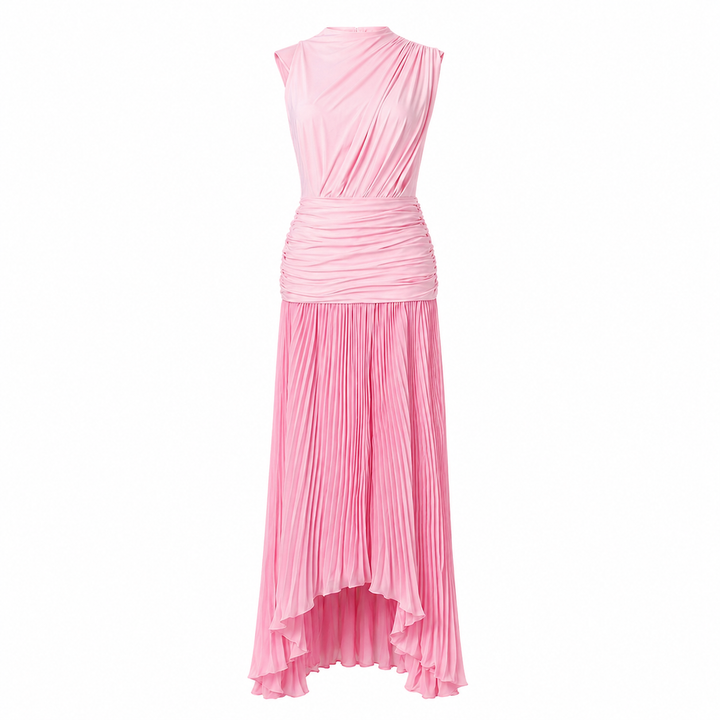 Blush Pink Pleated Asymmetric Maxi Dress - LUMINA