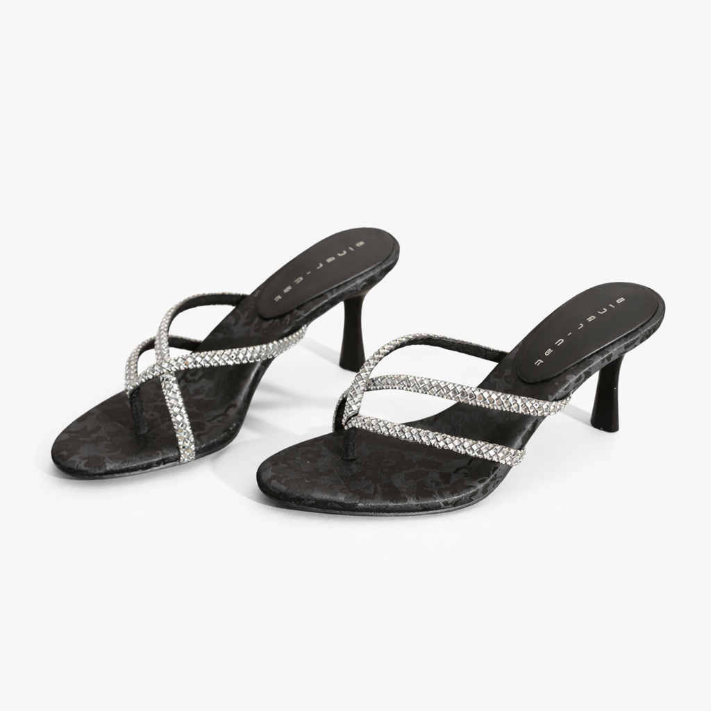 rhinestone strap heeled sandals with jacquard base – SAGE