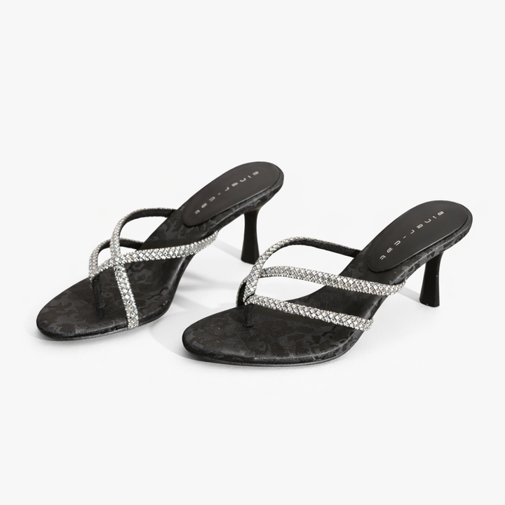 rhinestone strap heeled sandals with jacquard base – SAGE