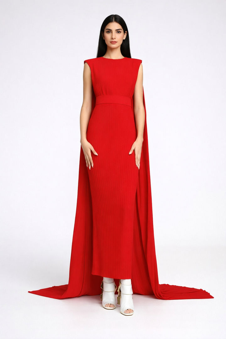 sleeveless pleated column dress with dramatic cape train – SCARLET