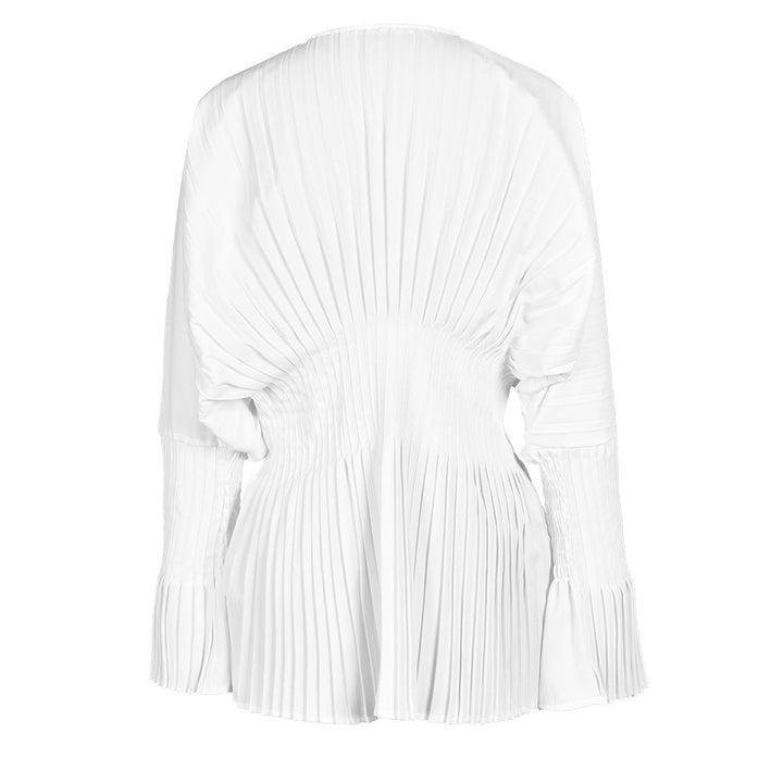 Pleated Waist V-Neck Long Sleeve Blouse – AZUREA